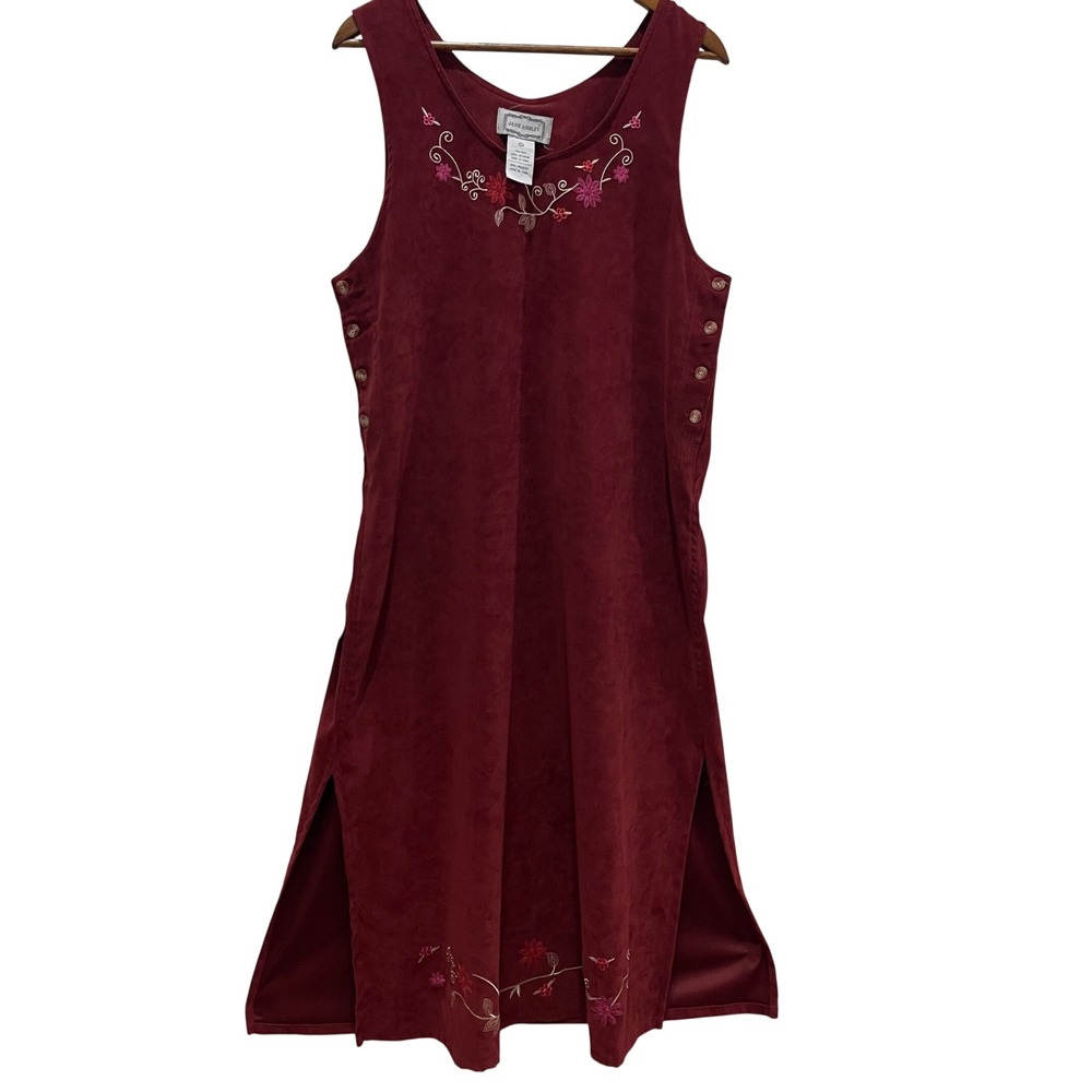Jane Ashley Jumper Dress Women L Burgundy Faux‎ Suede Floral Midi Cottagecore